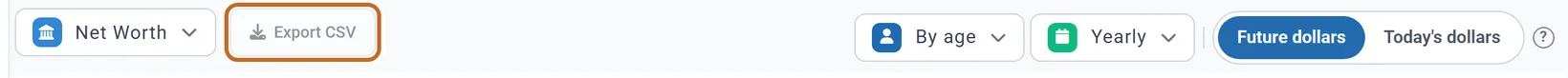 The toolbar on a Preview account with Net Worth picked: Export CSV greyed out (ringed), By age, Yearly, Future dollars and Today's dollars