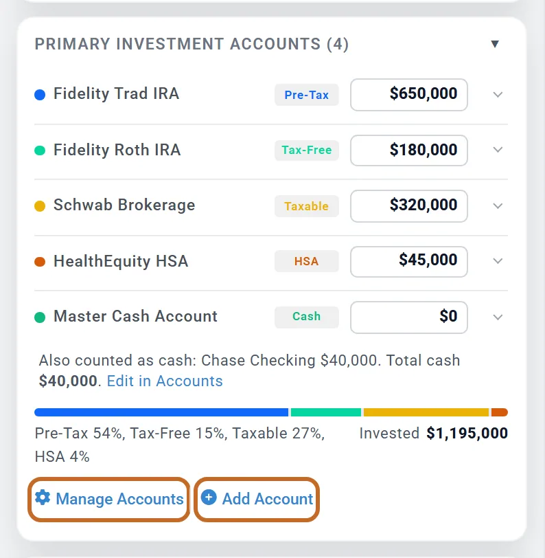 The accounts list inside the profile box, with each account's bucket label and balance; Manage Accounts and Add Account are ringed