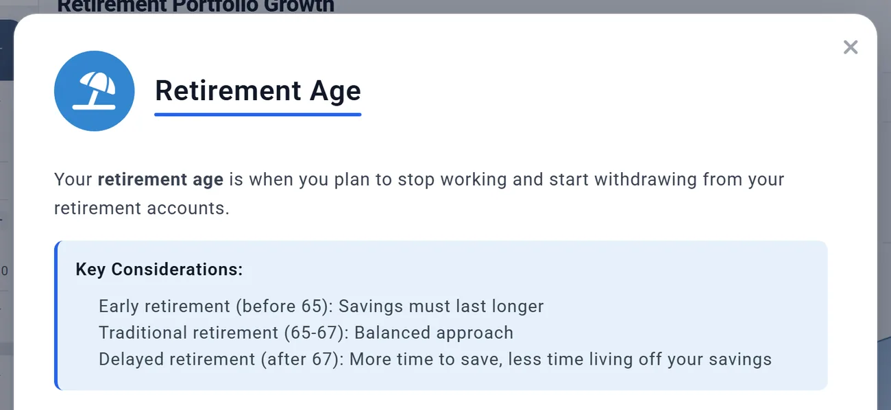 The top of the help window for Retirement Age, opened from the question mark beside Retire at