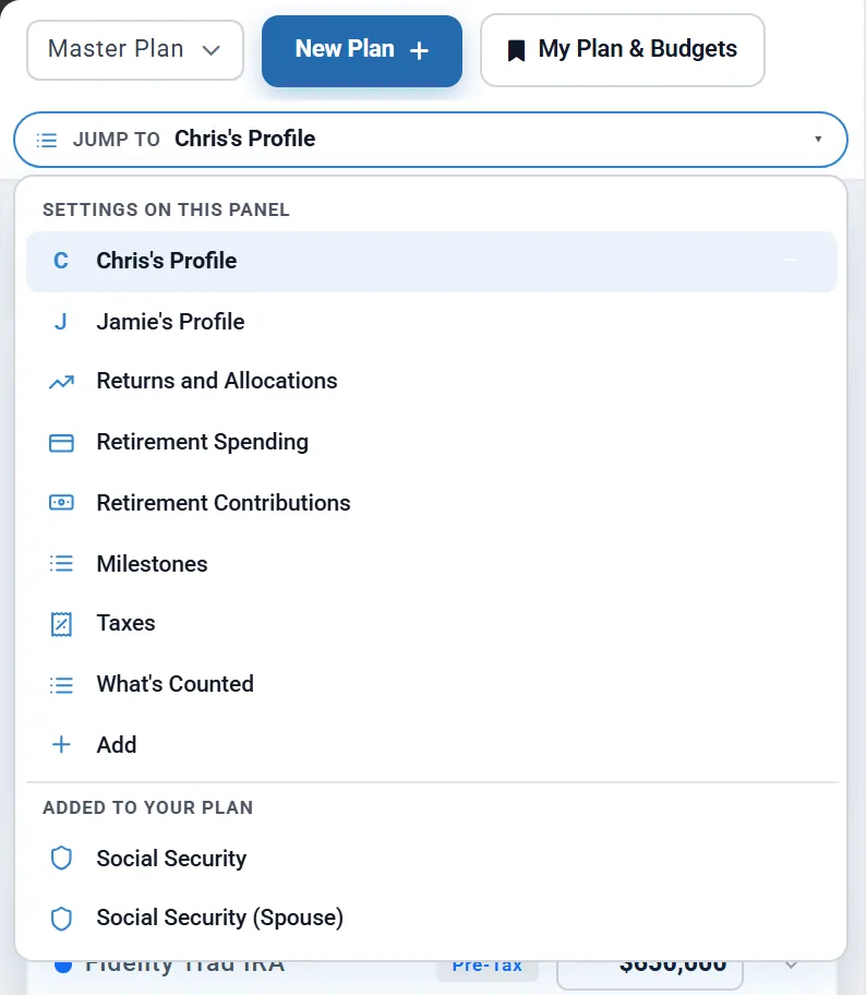 The Jump to menu open over the settings panel, listing every box