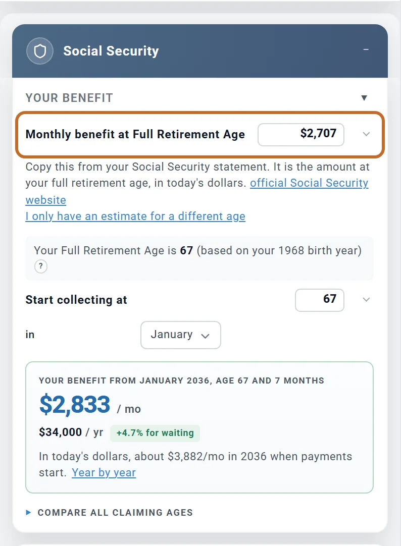 The Social Security box: the monthly benefit at full retirement age (ringed), the age to start collecting, and the resulting benefit