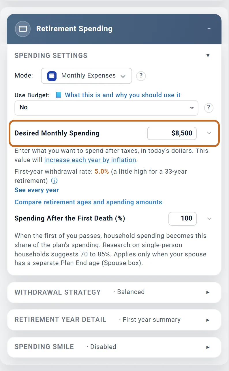 The Retirement Spending box: Mode set to Monthly Expenses and Desired Monthly Spending of 8,500 dollars, ringed