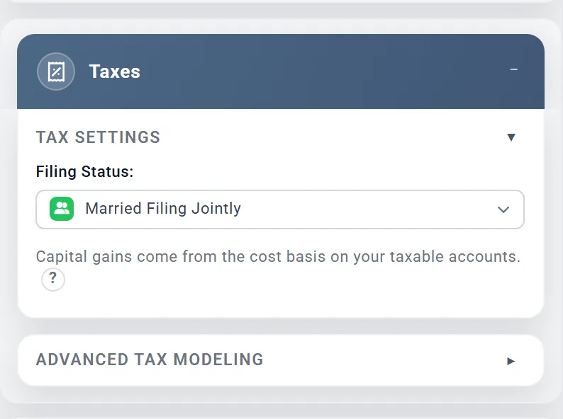 The Taxes box with Filing Status set to Married Filing Jointly