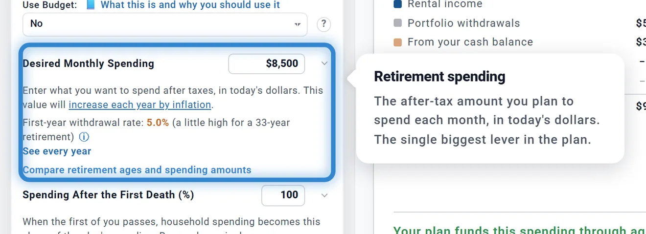 After clicking Retirement spending: in the left column, Desired Monthly Spending 8,500 dollars is outlined in blue, with a note beside it: Retirement spending, The after-tax amount you plan to spend each month, in today's dollars. The single biggest lever in the plan.