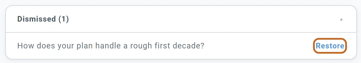 Dismissed (1), opened: How does your plan handle a rough first decade? with Restore (ringed)