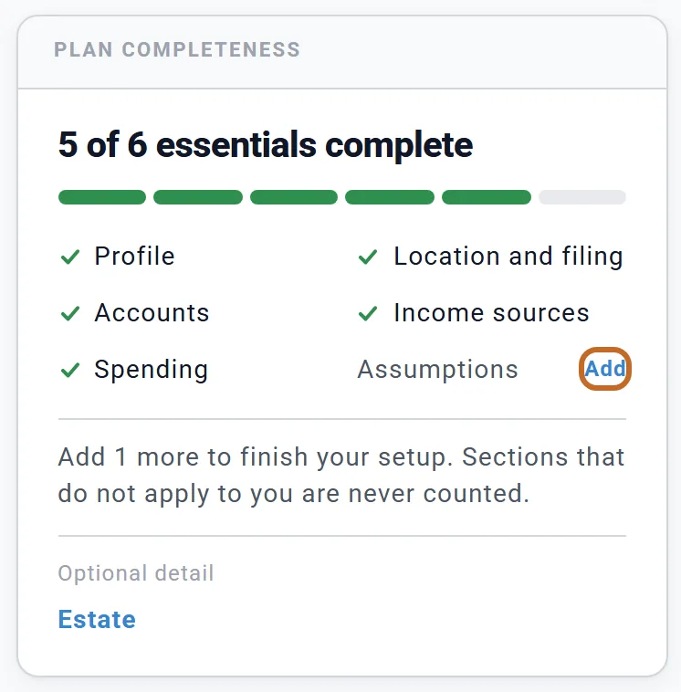 Plan completeness: 5 of 6 essentials complete, ticks beside Profile, Location and filing, Accounts, Income sources and Spending, Assumptions with Add (ringed), the note Add 1 more to finish your setup. Sections that do not apply to you are never counted, and Optional detail: Estate