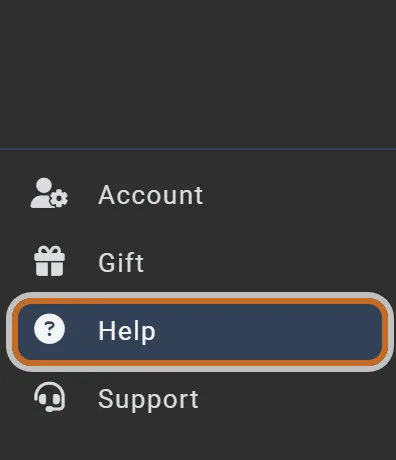 The left menu opened: Account, Gift, Help (ringed) and Support