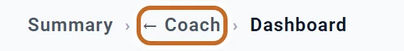 The trail Summary, then Coach with a back arrow (ringed), then Dashboard