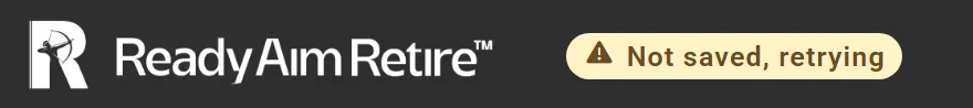 The header: the ReadyAimRetire logo and beside it a yellow label with a warning sign: Not saved, retrying