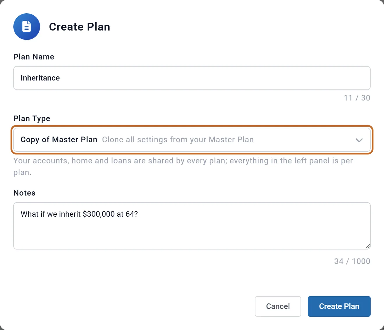 The Create Plan dialog: Plan Name Inheritance, Plan Type Copy of Master Plan (ringed), and a note