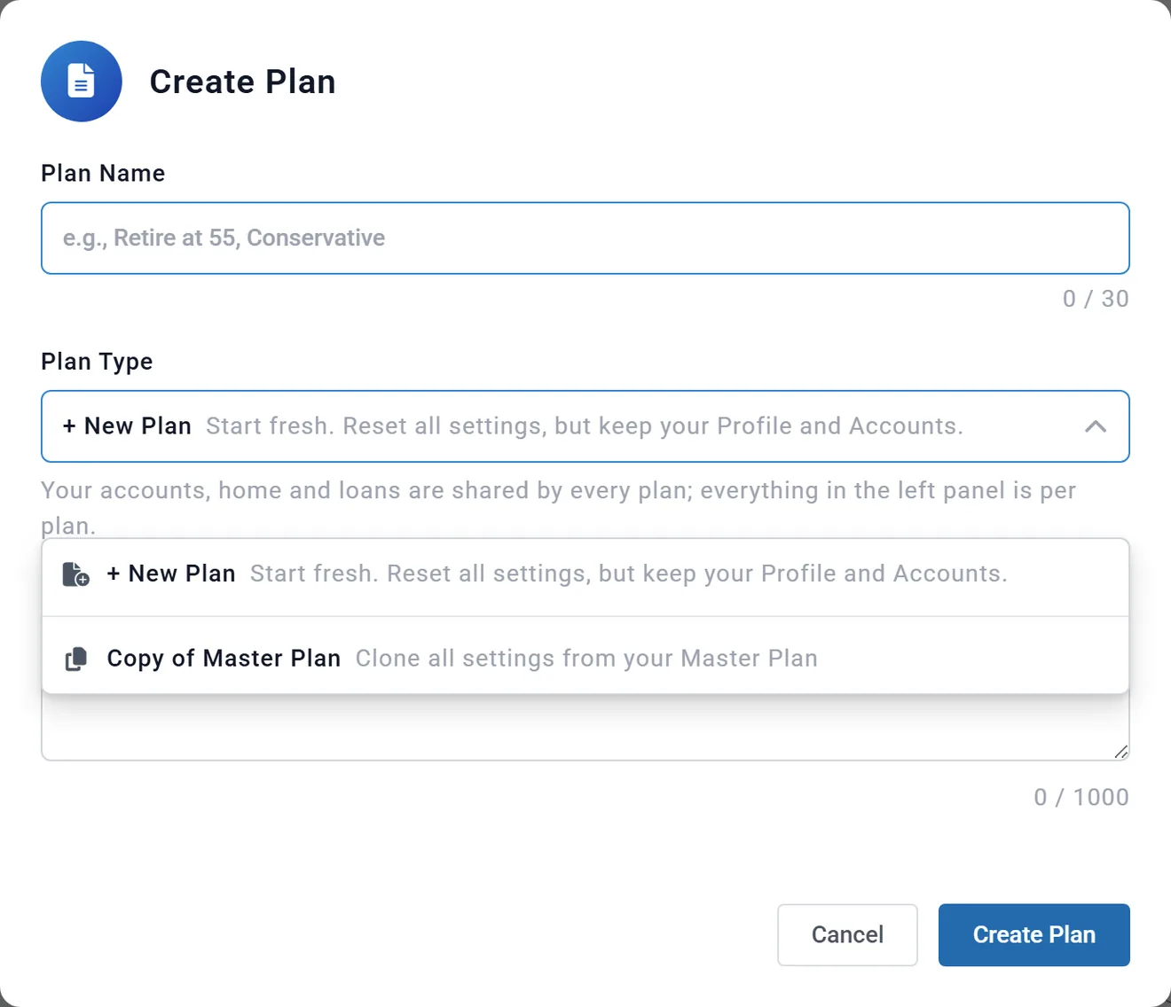The Plan Type list open, offering + New Plan and Copy of Master Plan