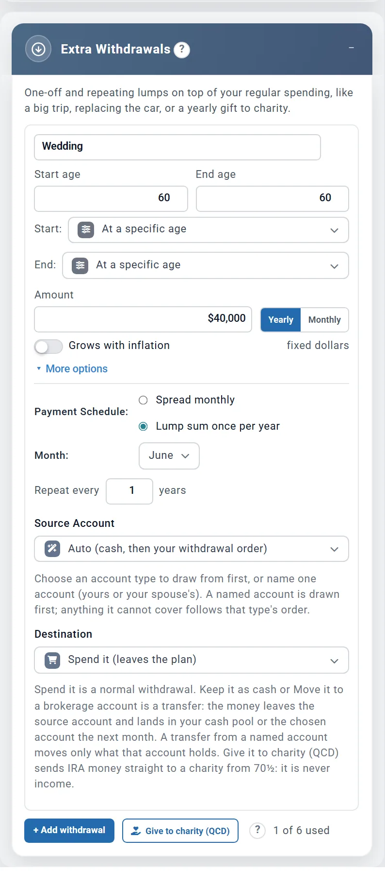 The Extra Withdrawals box with a card named Wedding: ages 60 to 60, 40,000 dollars yearly, Grows with inflation off (fixed dollars), More options open showing Lump sum once per year in June, Source Account Auto (cash, then your withdrawal order), Destination Spend it