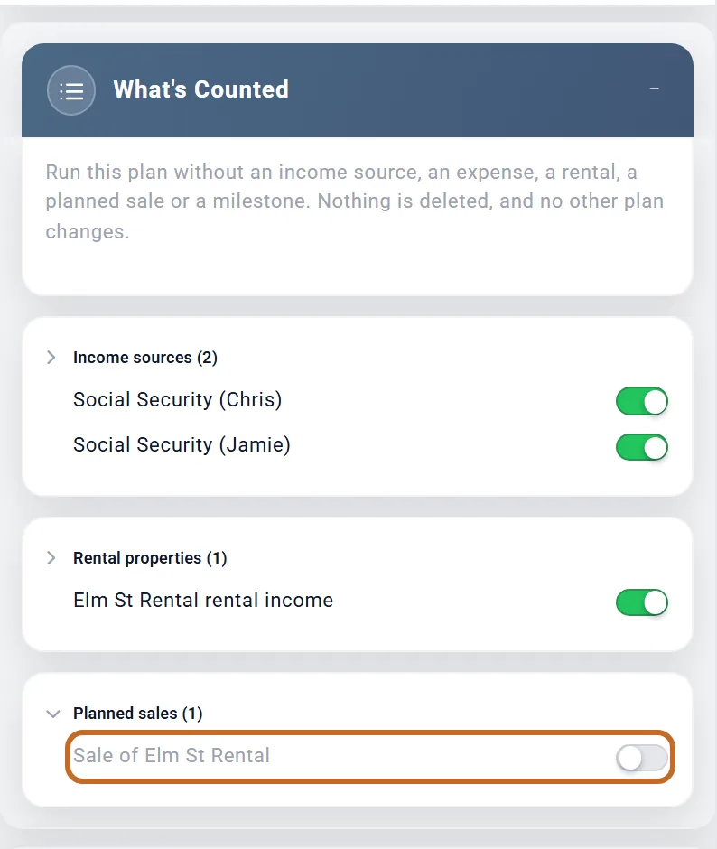 The What's Counted box with Planned sales open; the switch for the sale of Elm St Rental is off and ringed